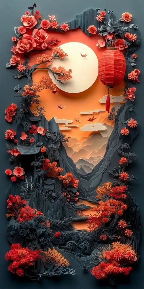 27 Ảnh wallpaper vầng trăng tròn sau tán lá đỏ sẫm, cảm giác mở rộng không gian làm ảnh nền phong cảnh nổi khối thêm cuốn