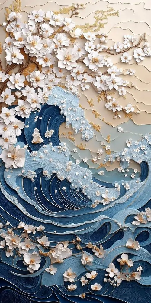 2 Ảnh nền phong cảnh 3d sóng biển giấy cuộn cùng cành hoa trắng, phối cảnh nhiều tầng tạo chiều sâu chân thực và cảm giác mềm mắt
