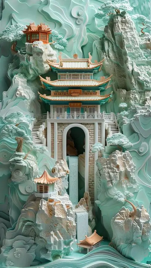 30 Ảnh nền 3d cổng đền ngọc giữa núi và mây chạm nổi, bộ sưu tập wallpaper kiểu relief này đem chiều sâu rất sang