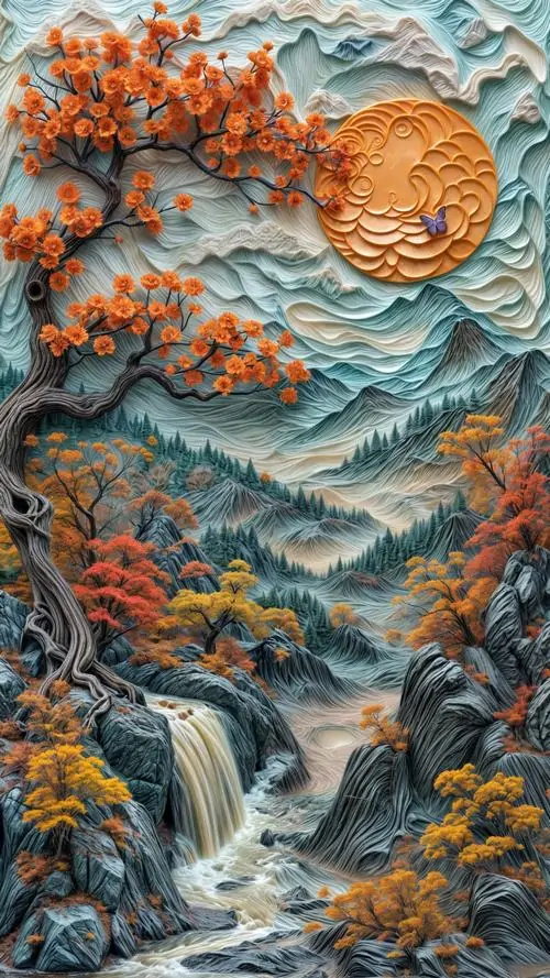 3 Hình nền đẹp núi đá hùng vĩ ôm thác nước cam đỏ dưới mặt trời tròn, hiệu ứng nổi khối siêu đẹp làm khung cảnh thêm hút mắt