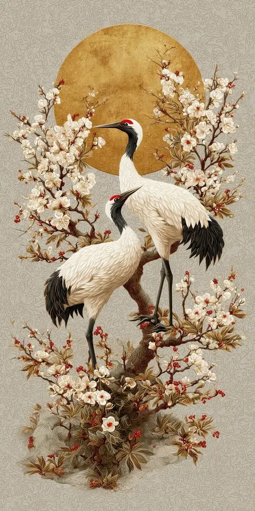 4 Hình nền 3d chim hạc đứng bên cành nở hoa và vầng trăng vàng, độ chuyển màu mịn tạo không gian sâu rất thơ