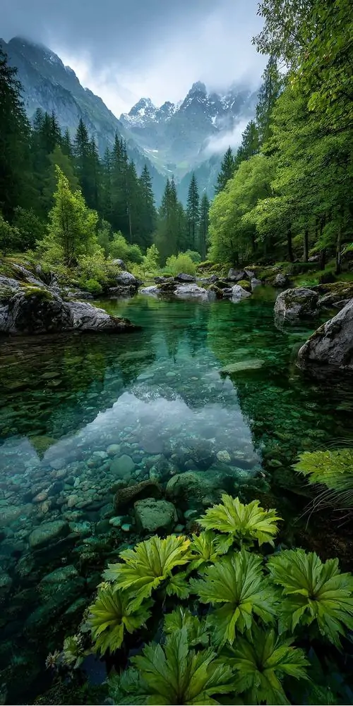 6 Ảnh bìa thung lũng xanh mở ra trước hồ gương phản chiếu, ảnh nền thiên nhiên chiều sâu cho cảm giác mát lành và thoáng mắt