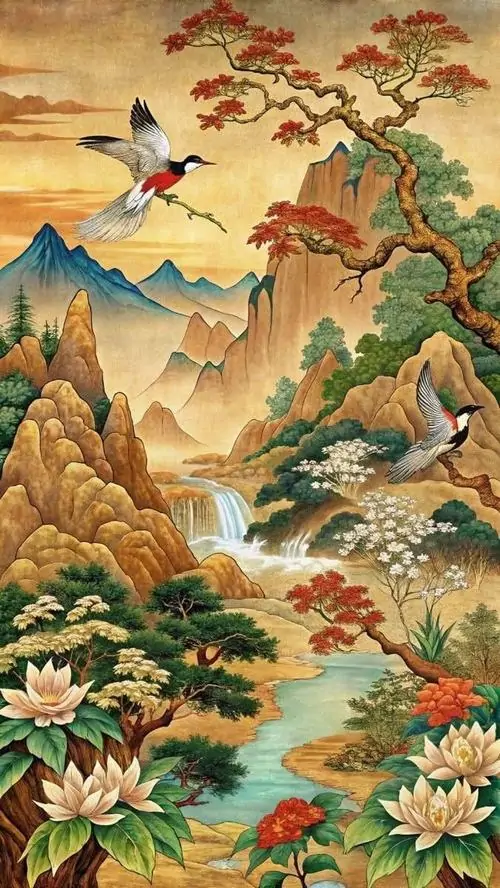 8 Ảnh wallpaper tranh núi non chim bay và cây tùng, màu sắc sống động cùng chiều sâu không gian làm tổng thể trông rất sang