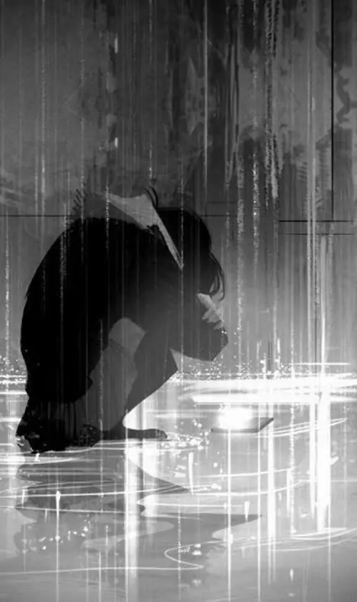 29 Cô gái mặc váy đen đứng trong tiệm giặt tự động, xoáy nước quay phía sau còn tay cô giữ chiếc khăn nhỏ, ảnh anime tâm trạng tạo cảm giác đợi chờ rất lạ