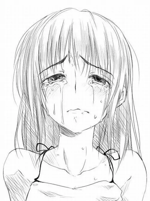 14 Cô gái tóc ngắn sáng màu nhìn thẳng phía trước với đôi mắt sưng đỏ, vài giọt lệ còn vướng trên má và áo dây mỏng khiến ảnh manga buồn càng mong manh