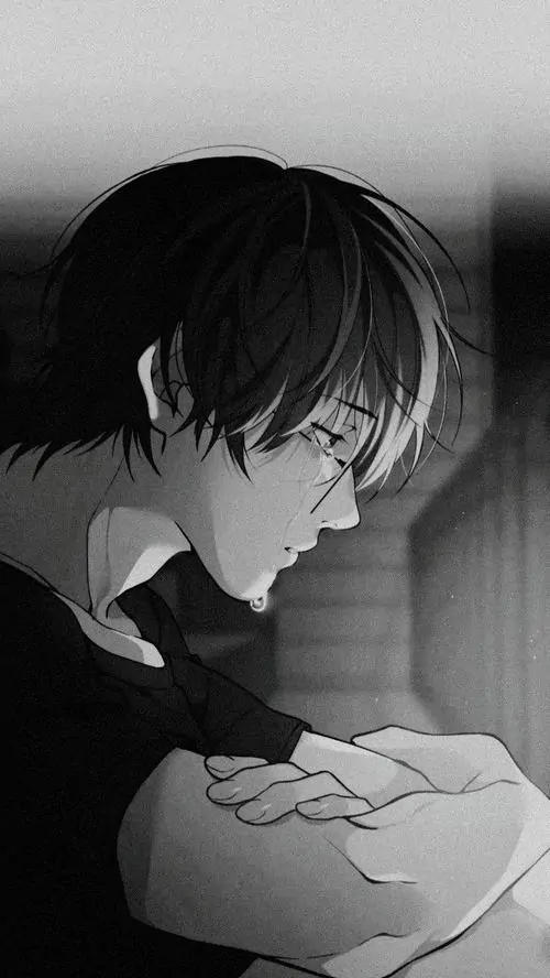 15 Hình nền anime khóc chàng trai ngồi co người trong bóng tối, đầu cúi xuống cánh tay đang tự ôm lấy mình, nền mờ chuyển sắc làm tư thế ấy càng thấy cô đơn