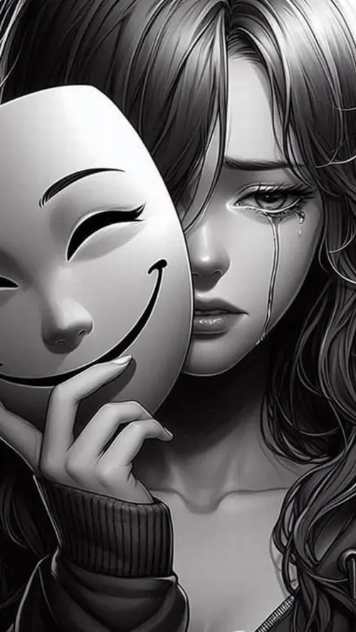 16 Nửa mặt cô gái hiện ra sau chiếc mặt nạ cười được nâng trước môi, mắt còn lại nhìn trầm xuống khiến ảnh anime tâm trạng này gợi cảm giác giấu buồn rất rõ