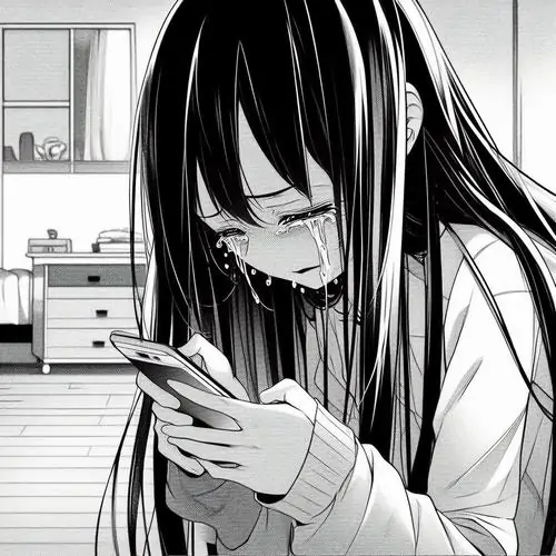 18 Thiếu nữ tóc đen dài ngồi một mình bên trong căn phòng, mắt cụp xuống màn hình điện thoại và vai rũ thấp, ảnh manga buồn này giống một đêm đọc tin nhắn dở dang