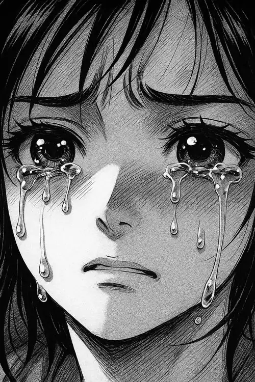 1 Ảnh anime cô gái tóc đen nhìn thẳng cận mặt, nước mắt chảy dày qua má và môi khép nhẹ, nét manga buồn làm gương mặt nữ sinh càng lặng và xót hơn