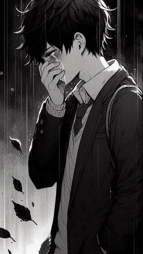 5 Avatar anime sầu đời chàng trai mặc sơ mi tối đứng nghiêng, một tay che mắt dưới nền mưa hoặc bóng tối, khung ảnh dọc gợi rõ tâm trạng cô độc của nhân vật nam