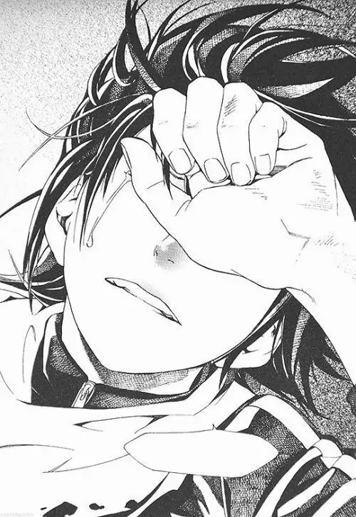 6 Nhân vật nữ tóc rối nằm ngửa hoặc ngả người, cánh tay đặt ngang trán như muốn tránh ánh sáng, nét truyện tranh Nhật làm gương mặt mệt mỏi càng thêm buồn bã