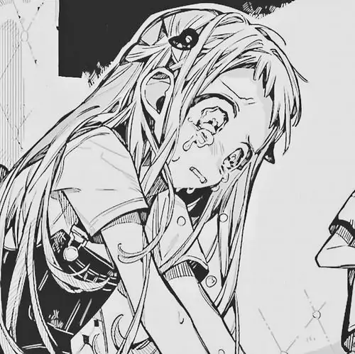 19 Ảnh anime cô gái tóc sáng gào khóc trong khung truyện trắng đen, miệng mở lớn và bàn tay kéo sát mặt, nét vẽ mạnh tạo cảm giác như cơn nấc vừa bật ra