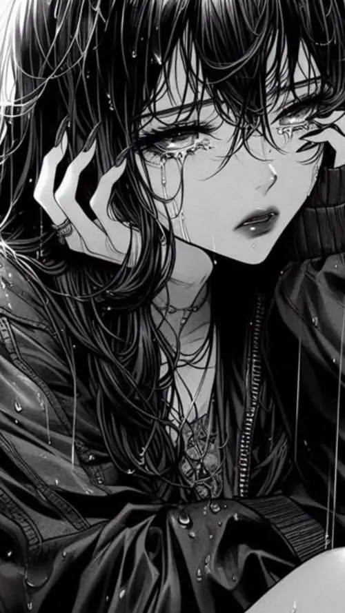 8 Cô gái tóc đen xoăn nhẹ cúi mắt trong khung dọc, phần cổ áo tối ôm sát vai và mái tóc phủ quanh mặt khiến ảnh anime tâm trạng nữ này càng lạnh hơn