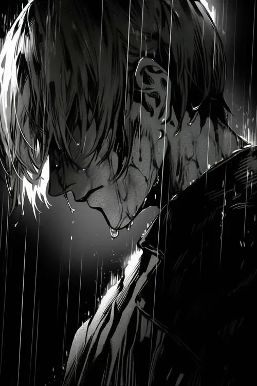 20 Một chàng trai cúi đầu dưới màn mưa đêm, gương mặt gần như chìm trong bóng nước và nền tối, ảnh anime đen trắng buồn mang vẻ lặng câm của người vừa kiệt sức