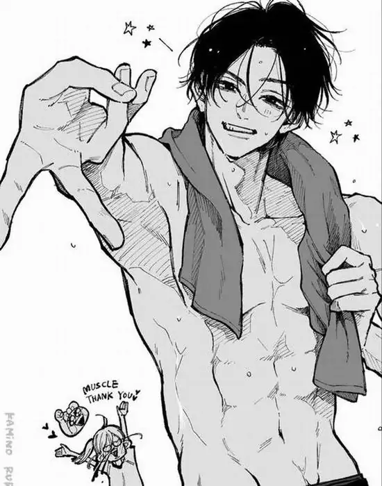 30 Bản vẽ đen trắng ghi lại chàng trai tóc đen cười nghiêng đầu, áo sơ mi mở rộng cùng cà vạt nới lỏng để lộ thân trên săn chắc, tranh vẽ nam nhân 2D cơ bắp theo lối manga rất thoáng