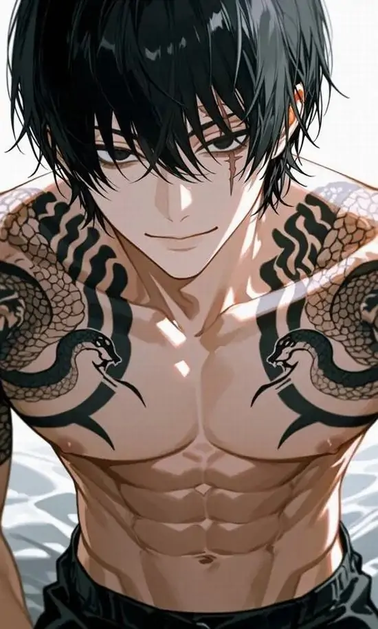 9 Cận cảnh nam nhân tóc đen cúi đầu nhìn thẳng, phần vai ngực phủ kín họa tiết đậm như hình xăm còn cơ bụng lên khối chắc tay, nét vẽ cực mướt làm ảnh anime nam 6 múi rất bén