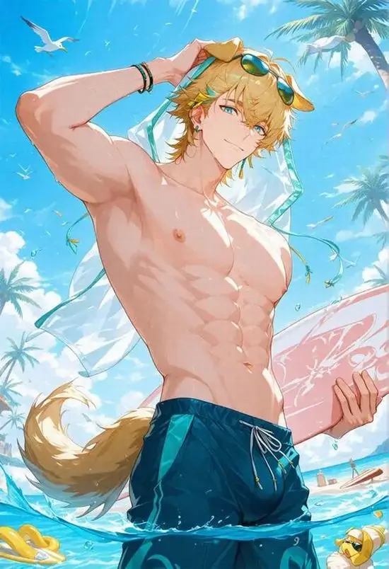 10 Chàng trai tóc vàng đưa tay che nắng giữa mặt biển sáng lóa, quần xanh ướt nước ôm sát phần hông khiến đường bụng và ngực hiện rõ, khung này hợp làm hình nền nam thần 2D sáu múi