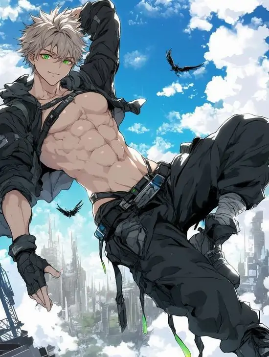 12 Chàng trai tóc bạc lơ lửng giữa nền trời xanh, áo đen tốc lên theo gió để lộ eo thon cùng cơ liên sườn rõ nét, bố cục rộng làm hình ảnh hoạt hình nam sáu múi trông phóng khoáng hơn