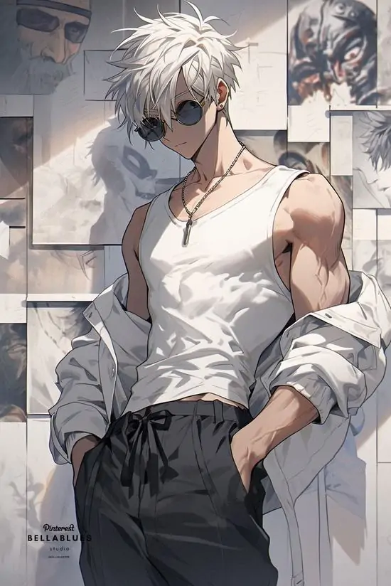 14 Chàng trai tóc bạc đứng trong căn phòng sáng xám, áo ba lỗ trắng bó nhẹ phần ngực vai và tay đút túi khiến thân hình hiện lên rõ, tranh vẽ nam nhân 2D cơ bắp mang vẻ rất đời