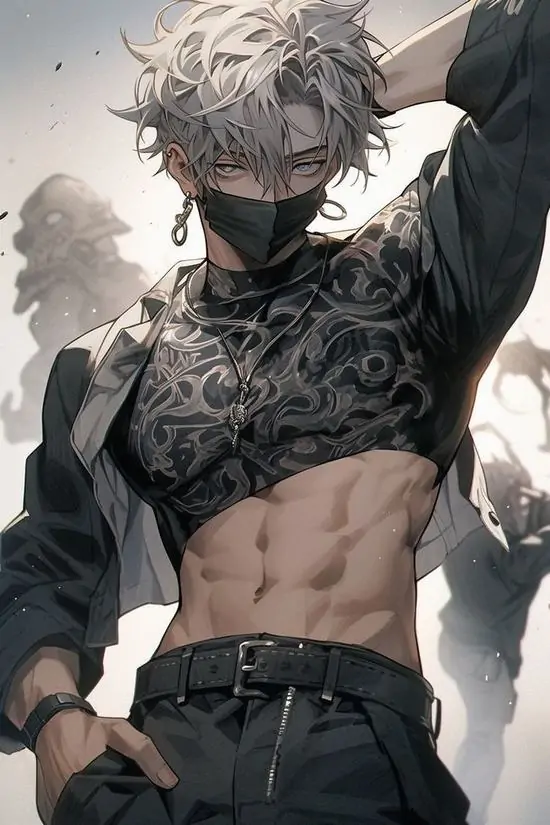 15 Nhân vật tóc trắng đeo khẩu trang kéo áo lên bằng một tay, nền gió bụi làm phần bụng chia múi và bờ vai rộng càng gắt hơn, đây là ảnh trai đẹp anime cơ bắp thiên về chất chiến đấu