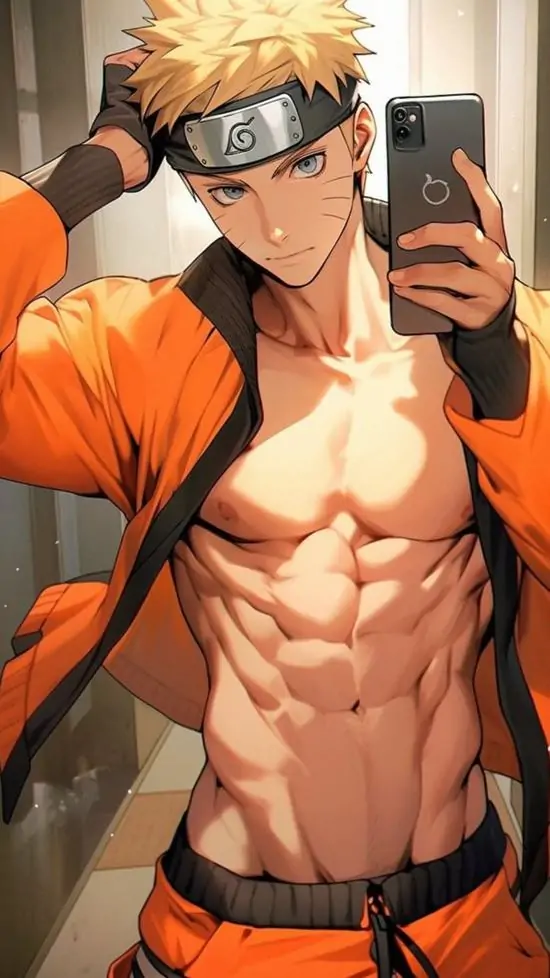 16 Nam chính tóc vàng chụp gương trong bộ đồ cam đen, áo khoác mở rộng khoe cơ bụng đều khối và ngực săn chắc, tổng thể giống một hình nền anime nam thể hình chuẩn men rất bắt mắt