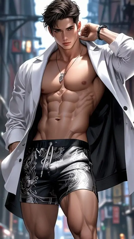 17 Người đàn ông tóc đen bước ra giữa phố đêm với sơ mi trắng bung cúc, phần ngực bụng rám màu nổi bật dưới ánh đèn khiến ảnh nam thần anime thể hình đẹp nhìn mạnh và khá áp lực
