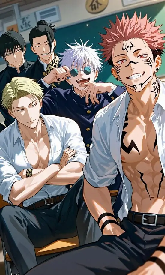 1 Khung ảnh nhóm nhân vật nam đứng cạnh nhau trong quán ăn, riêng chàng tóc hồng để trần nửa thân trên khoe cơ bụng rõ khối, nét cười ngông làm hình ảnh hoạt hình nam sáu múi thêm nổi bật