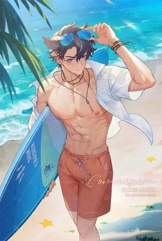 19 Nhân vật tóc tím đứng bên bờ biển với kính râm và khăn choàng bay nhẹ, quần short sáng màu tôn phần thân trên rám nắng, đây là hình ảnh hoạt hình nam sáu múi mang không khí nghỉ hè
