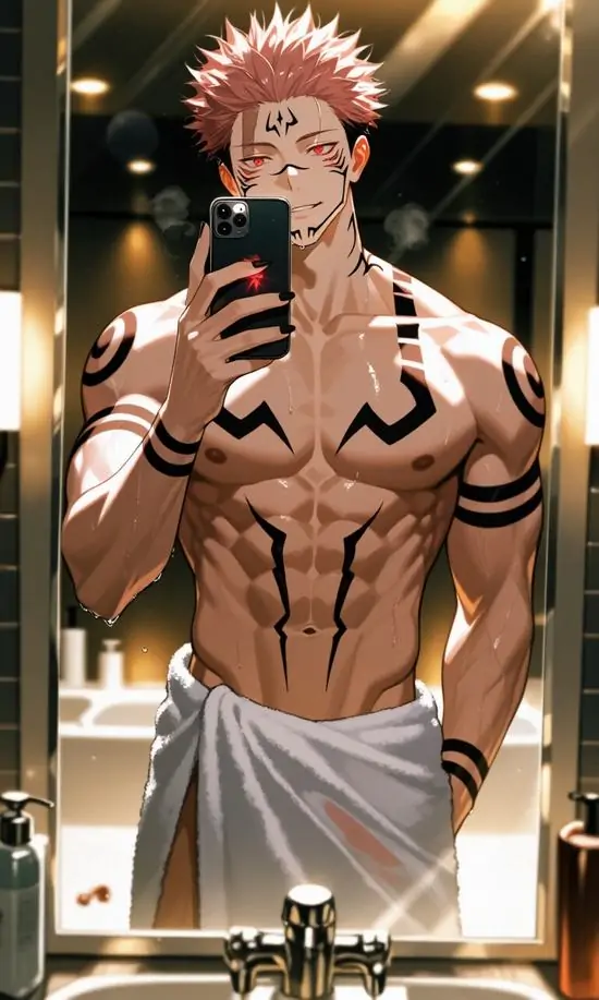 20 Chàng trai tóc hồng chụp ảnh trước gương phòng gym, thân trên phủ họa tiết đen đối xứng từ vai xuống bụng tạo cảm giác rất rắn, ảnh anime nam 6 múi này thiên về vẻ ngầu và dữ