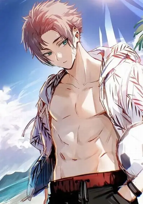 22 Cậu trai tóc hồng quay nửa người trên nền trời biển, áo khoác trắng trễ sau vai để lộ thân trên rám nắng và múi bụng gọn, ảnh trai đẹp anime cơ bắp nhìn trẻ và rất sáng
