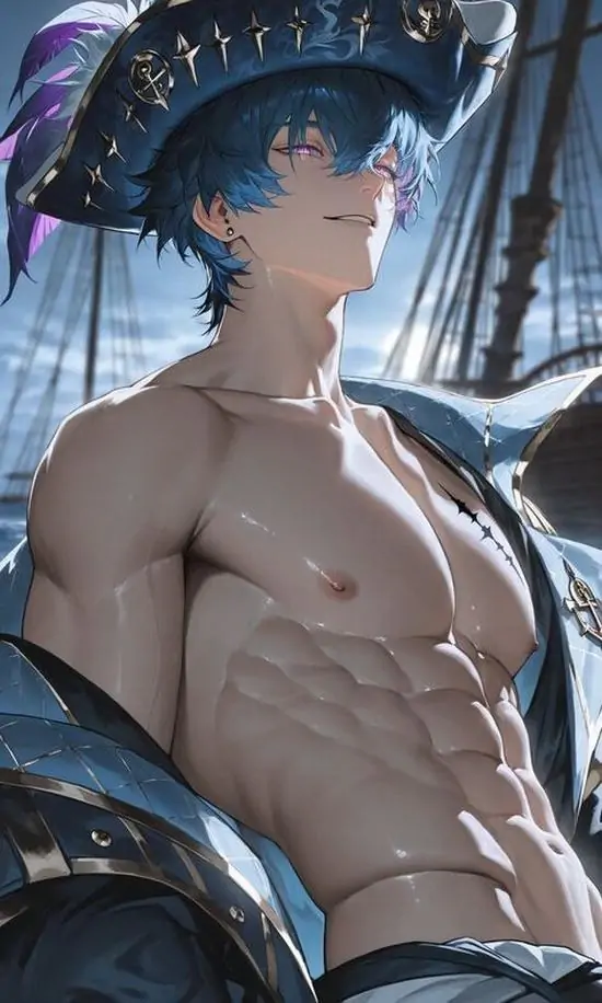 23 Nhân vật tóc xanh đậm ngước nhìn dưới vành nón rộng, nước và ánh phản quang chạy dọc da làm cơ ngực cùng bụng nổi lên rõ, tranh vẽ nam nhân 2D cơ bắp mang chất mùa hè hơn hẳn