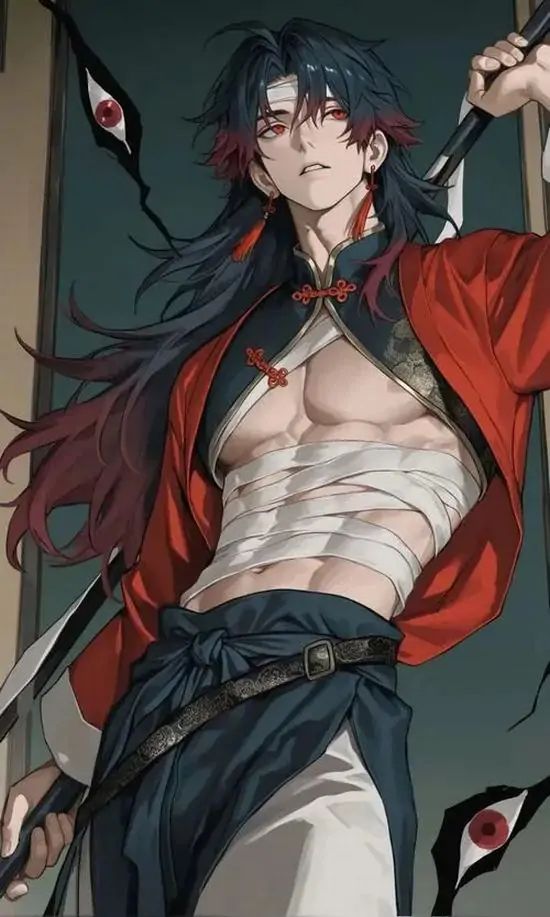 24 Chàng trai mặc áo đỏ đen đứng xoay người trước nền tối, tà áo mở mạnh để lộ phần ngực bụng trắng sáng và eo gọn, hình đại diện anime nam tính mạnh mẽ này khá hợp gu ngầu