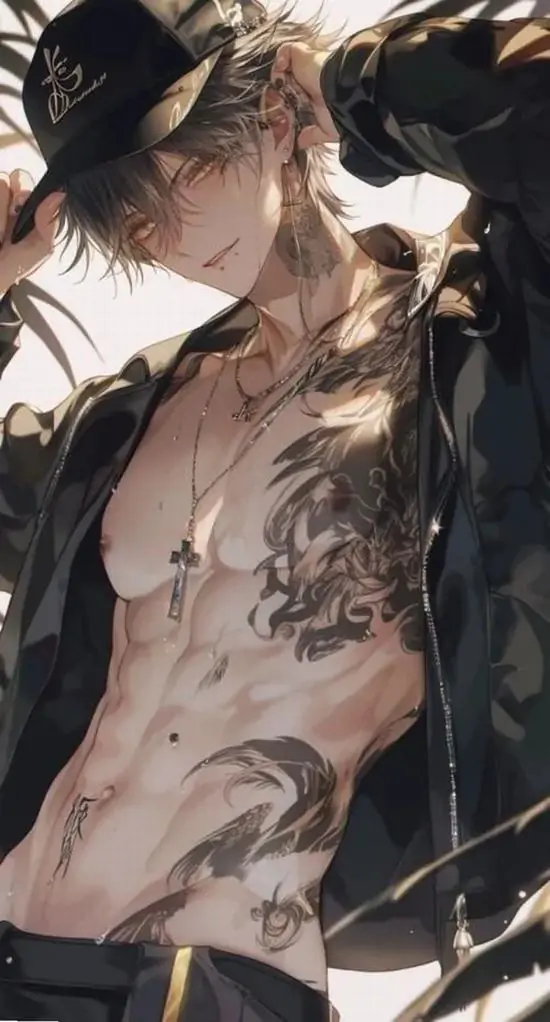 25 Khung cận chéo ghi lại nam nhân tóc đen nghiêng đầu, lớp áo họa tiết rơi khỏi vai làm vùng ngực bụng và đường sườn hiện ra sắc nét, ảnh nam thần anime thể hình đẹp có cảm giác nóng mắt