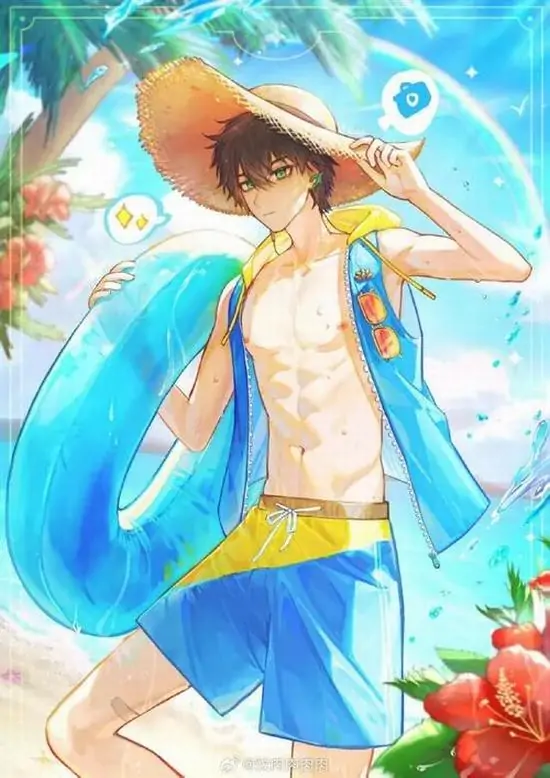 26 Cậu trai đội mũ rơm chạy giữa làn nước xanh với khăn vàng bay phía sau, quần short sáng màu làm phần bụng săn chắc càng nổi rõ, bộ ảnh này đúng kiểu hình nền nam thần 2D sáu múi