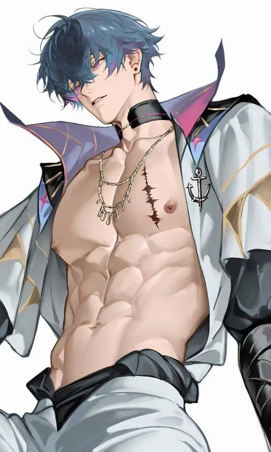 27 Nhân vật tóc xanh đen mặc áo choàng trắng viền tím, tay chạm ngực và phần áo mở sâu để lộ cơ bụng gọn thẳng, hình ảnh hoạt hình nam sáu múi này thiên về vẻ lịch lãm pha nổi loạn