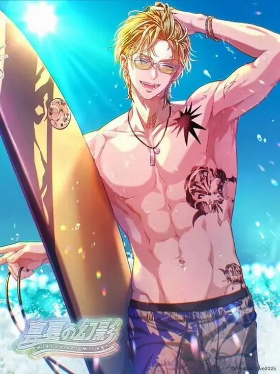 28 Chàng trai tóc vàng cầm ván lướt sóng đứng giữa nền nước lấp lánh, làn da hồng nắng và cơ bụng rõ múi tạo cảm giác rất khỏe, hợp làm hình nền anime nam thể hình chuẩn men