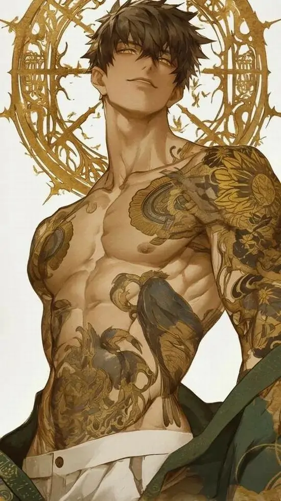 2 Chàng trai tóc nâu đứng nghiêng giữa nền vàng cổ điển, thân trên phủ họa tiết như hình xăm ôm dọc ngực bụng, góc nhìn cận nửa người khiến tranh vẽ nam nhân 2D cơ bắp trông rất đanh