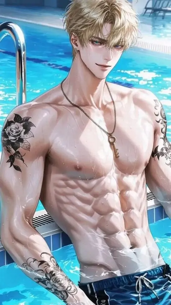 3 Nam thần tóc sáng bước lên từ làn nước xanh, quần jean thấp cạp ôm hông và cơ bụng sáu múi hiện rõ dưới nắng, toàn khung mang cảm giác hình nền nam thần 2D sáu múi rất mát mắt