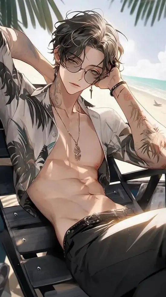 5 Nhân vật tóc nâu ngồi ngả lưng trên ghế ngoài hiên, sơ mi mở sâu cùng vòng cổ mảnh làm phần ngực bụng hiện lên rõ ràng, khung hình thiên về avatar nam chính anime body đẹp