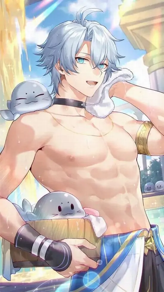 6 Chàng trai tóc xanh nhạt đứng giữa nền sáng rực, khăn tắm quấn hờ dưới hông và tay cầm vịt vàng nhỏ tạo đối lập vui mắt với cơ bắp chắc gọn của ảnh nam thần anime thể hình đẹp