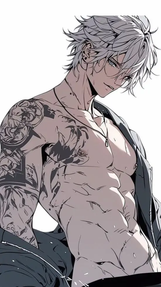 7 Nhân vật tóc bạc trong tranh đơn sắc đứng nghiêng nhẹ, áo khoác trễ vai để lộ thân trên đầy vết mực và múi bụng sắc cạnh, tổng thể giống một hình đại diện anime nam tính mạnh mẽ