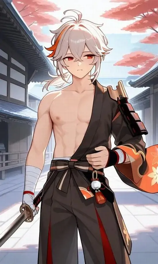 8 Chàng trai tóc sáng đứng trước cổng gỗ với áo choàng lệch vai, phần ngực bụng để trần nổi rõ dưới ánh chiều khiến bộ sưu tập trai đẹp anime body chuẩn có thêm sắc thái kiếm sĩ