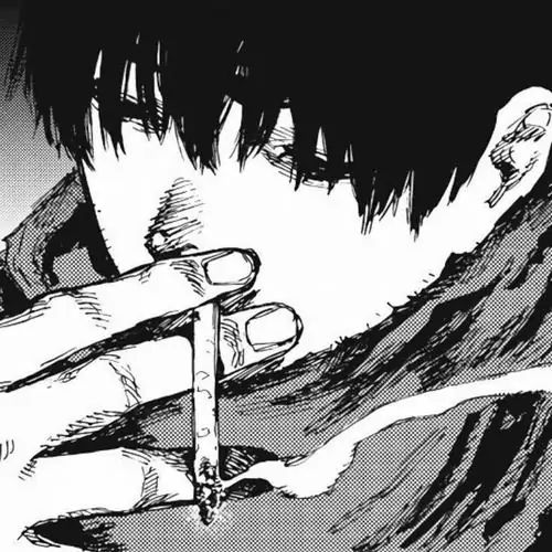 11 Ảnh nhân vật anime chàng trai tóc đen che nửa mắt đưa điếu thuốc lên môi, áo cổ cao kéo kín cổ và nền tối hạt khiến cả khung hình thêm u ám