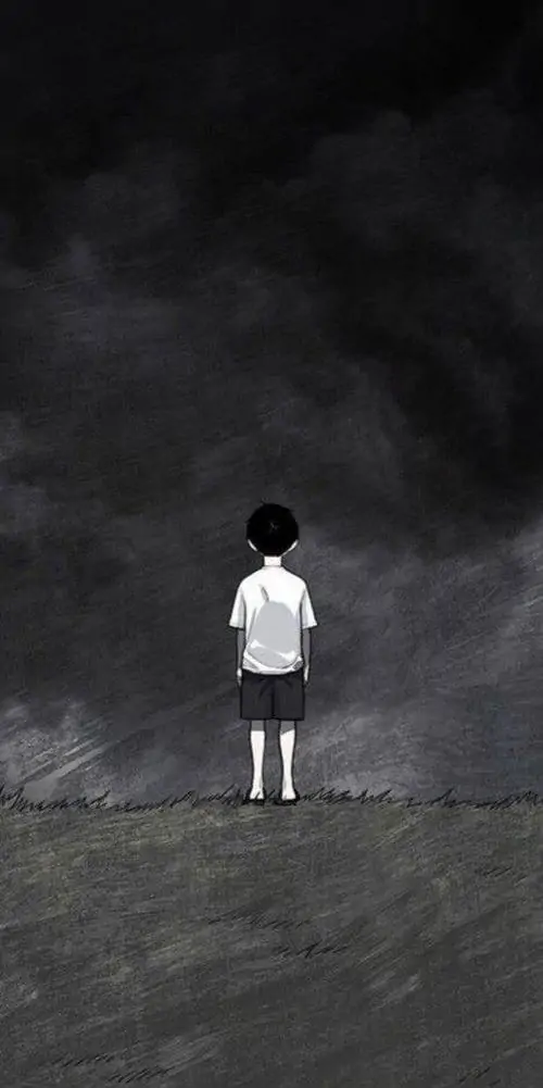 15 Ảnh truyện tranh Nhật bóng người nhỏ đứng một mình trước khoảng trời tối đậm, xung quanh trống rỗng và lạnh như đang nuốt dần mọi âm thanh còn sót lại