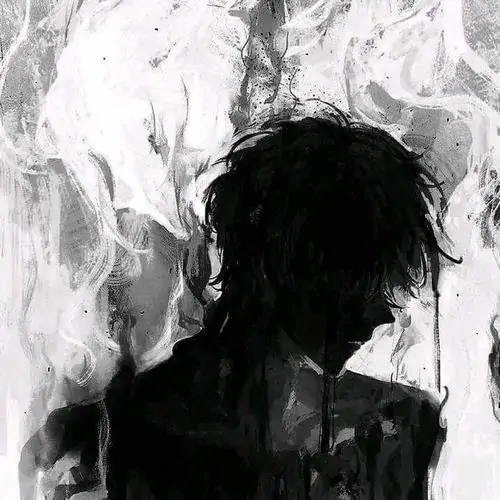 19 Hình vẽ anime trắng đen bóng lưng một người tóc rối đứng dưới làn khói trắng cuộn lên, phần đầu và vai chìm trong đen khiến cảm giác ngột ngạt hiện ra khá rõ