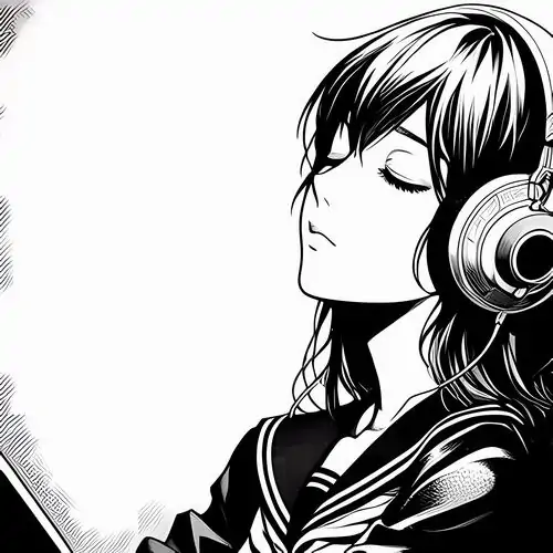 26 Cô gái đeo tai nghe lớn ngửa mặt nhẹ, mắt khép hờ trong nền sáng trống và đường tóc mềm, hình vẽ manga này tạo cảm giác tách mình khỏi mọi tiếng động