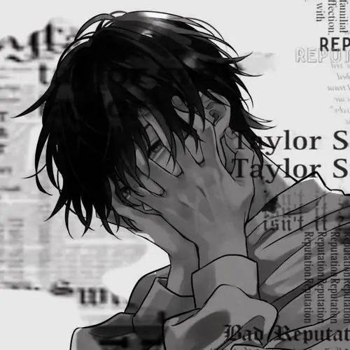 27 Tranh anime đơn sắc cậu trai tóc đen úp bàn tay lên mặt, đầu cúi trước nền chữ báo mờ, kiểu khung cắt gần làm sự mệt mỏi và bức bối hiện ra rất sát