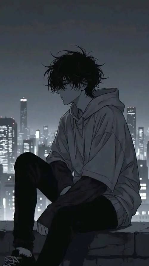 28 Một chàng trai ngồi trên cao giữa nền đêm xanh xám của thành phố, đầu cúi về phía trước và hai tay đặt gần gối, cảm giác cô đơn phủ kín cả mép khung