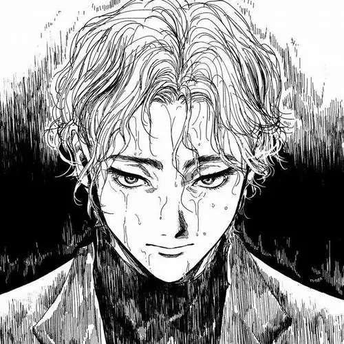 4 Chân dung cận mặt chàng trai tóc xoăn sáng màu nhìn thẳng, đôi mắt sắc nhưng mệt, phần cổ áo tối và nền loang đen làm ảnh anime nam suy thêm căng thẳng