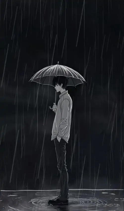31 Ảnh nhân vật anime người đứng dưới ô giữa cơn mưa đêm, thân hình nhỏ và áo sáng lạc giữa nền tối đặc khiến khung hình mang vẻ trống trải kéo dài